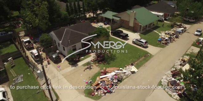 287 row of flooded houses aerial drone video stock footage