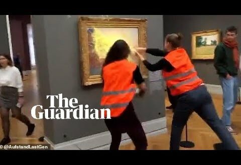 Climate change activists throw mashed potato at Monet painting